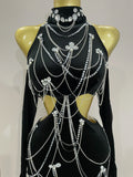 Women Sparkly Diamonds Tassels Chain Balck Sexy Halter Backless Long Dress Evening Birthday Party Celebrate Stage Costume