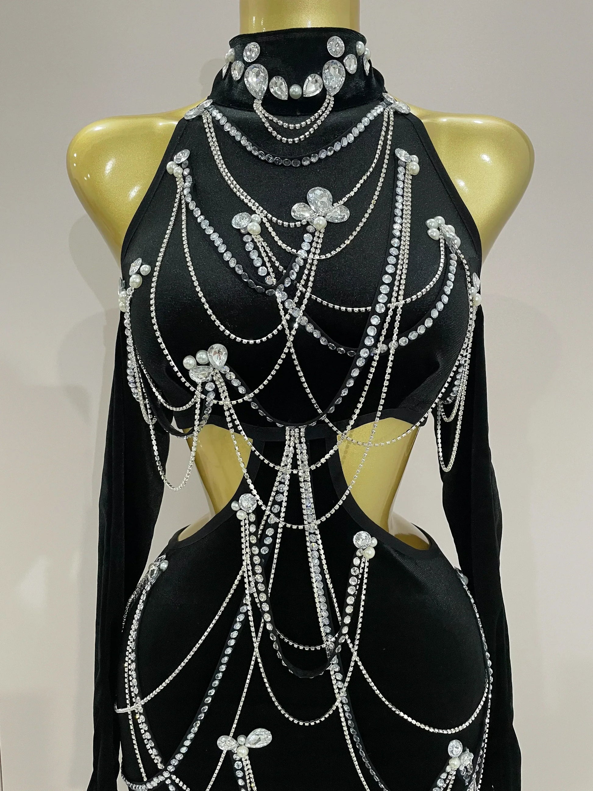 Women Sparkly Diamonds Tassels Chain Balck Sexy Halter Backless Long Dress Evening Birthday Party Celebrate Stage Costume