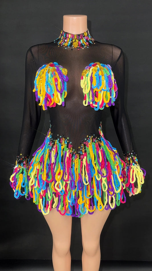 Women Shiny Colorful Diamonds Sexy Stretch Transparent Mesh Short Dress Nightclub Party Singer Stage Performance Costume black