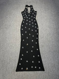 High Quality Women Sleeveless Sexy Halter Off the Shoulder Shinning Crystal Bodycon Long Bandage Dress Celebrate Evening Outfit black