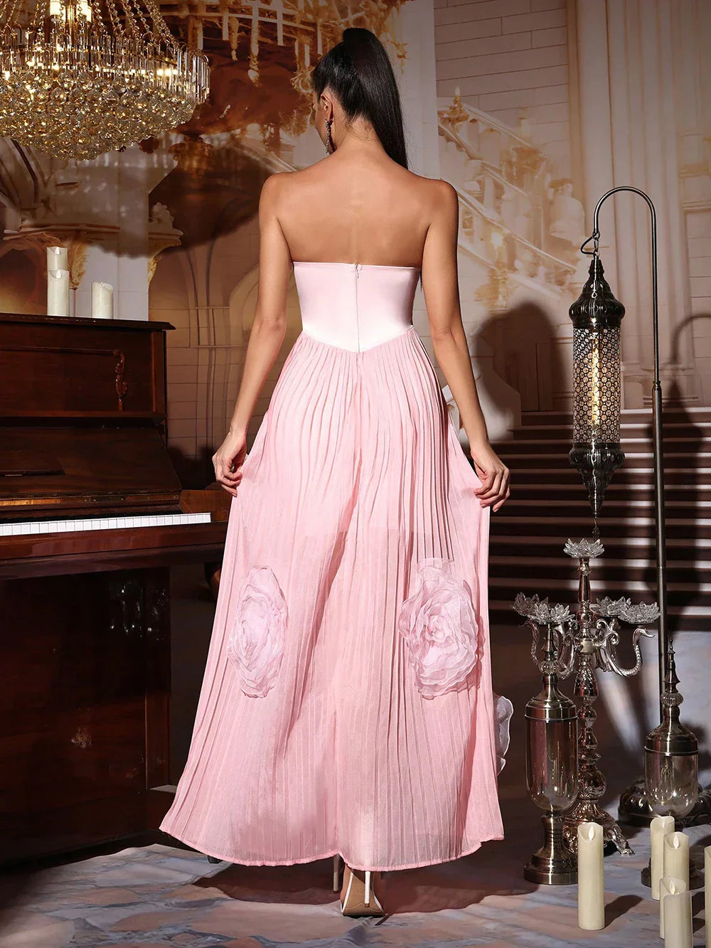 Strapless Flower Maxi Dress Women Elegant Sleeveless Backless Pleated Party Dresses Female Summer Sexy Lady Evening Vestido