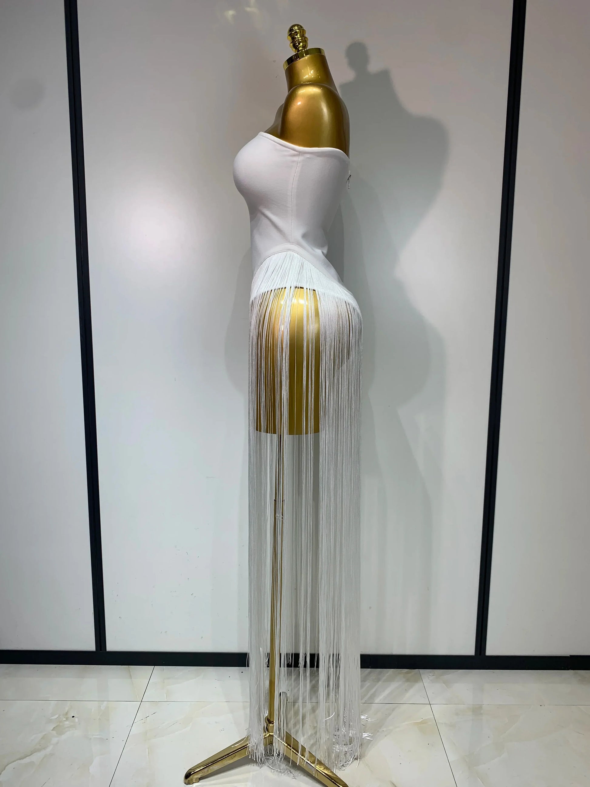 Women Sexy White Elegant Strapless Long Tassels Bandage Bodysuit Evening Party Luxury Birthdy Nightclub Singer Stage Outfit