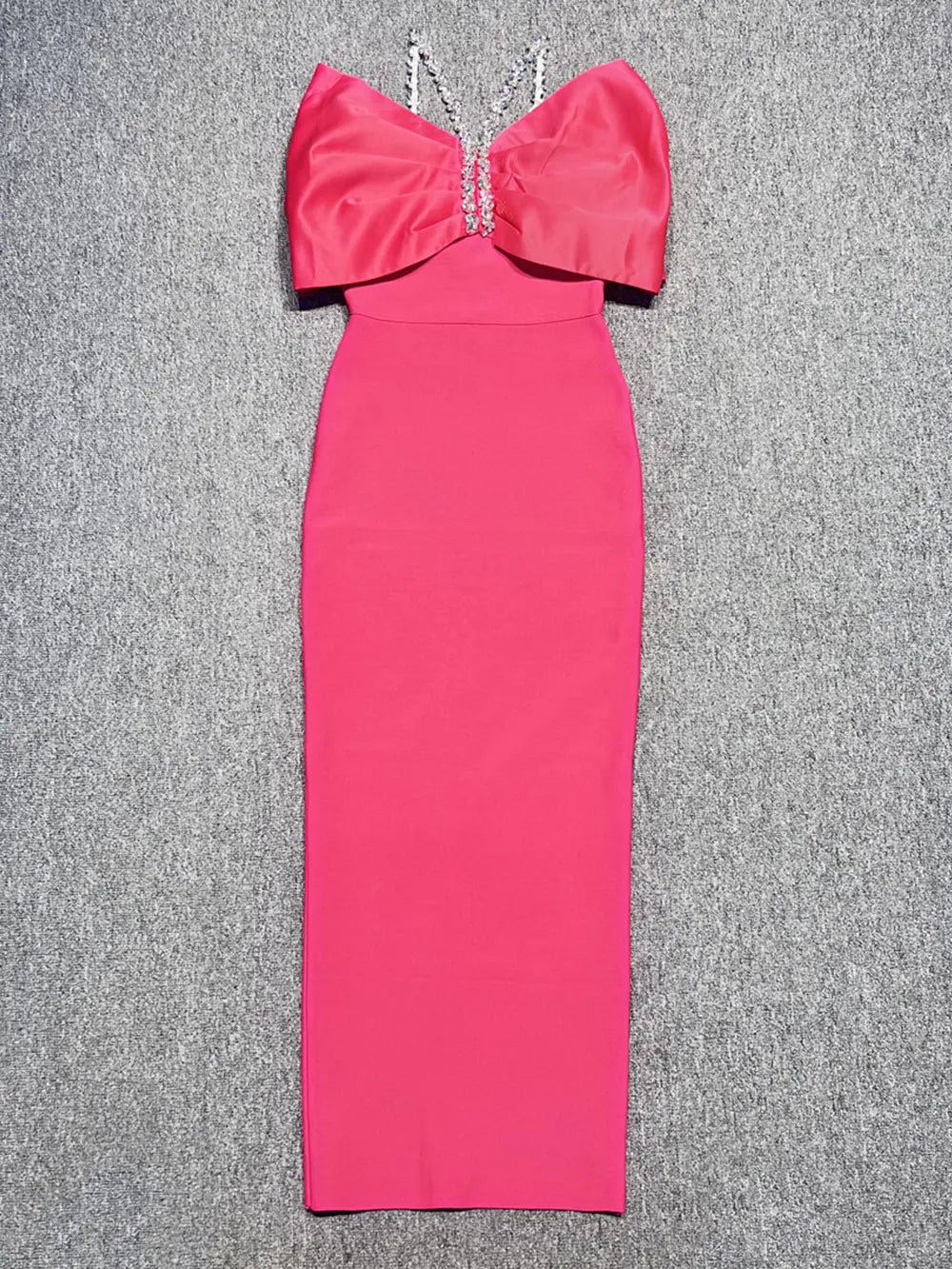 2024 Sexy Women Patchwork Bandage Dress Spaghetti Strap Rhinestone Design Shoulder Cinching Bodycon Backless Long Dress Vestidos Rose Red