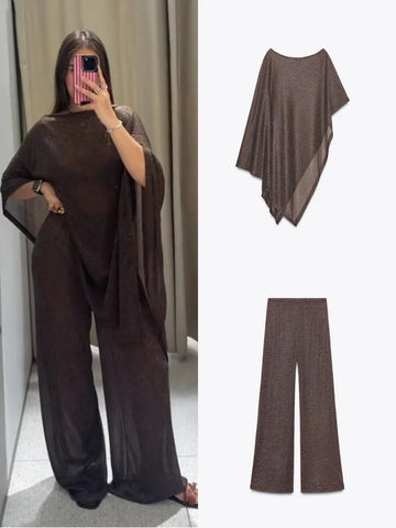 Shining Lurex Irregular Top Pants Suits Women Sexy O-neck Loose Asymmetrical Tops High Waist Wide Leg Trousers Glitter Partywear
