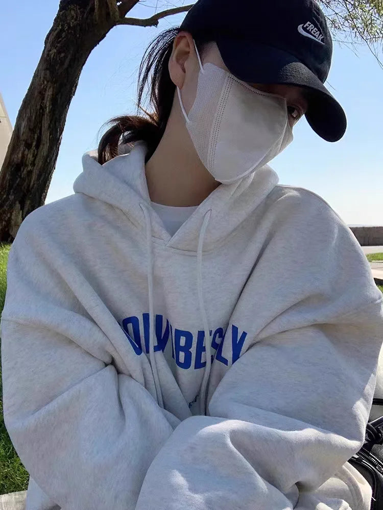 Korean Fashion Hood Shirt Women Letter Print Loose Long Sleeve Hoodies Streetwear 2026 Casual Pullover Tops Y2K Sweatshirts