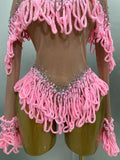 Women Shining Rhinestones Sexy Mesh Tassels Bodysuit Birthday Party Club Performance Dance DJ Leotard Show Stage Wear