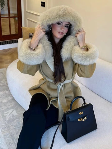 Women's Winter Coats Faux Fur Collar Hooded With Belt Woolen Jacket New Female Long Sleeve Lace Up Autumn Jackets New Outerwears
