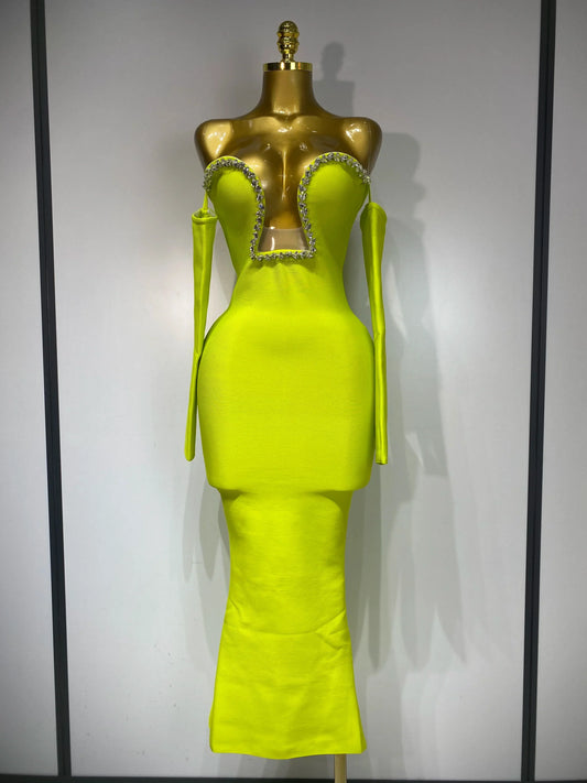 WomenSexy Off Shoulder Luxury Diamonds Long Bodycon Bandage Dress Celebrity Elegant Prom Gown Birthday Club Cocktail Dress Fluorescent Green