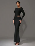 2025 Elegant Women 3D Hot Diamond Mesh Patchwork Bandage Dress O-Neck Long Sleeve Bodycon Black Long Dress Evening Party Vestido