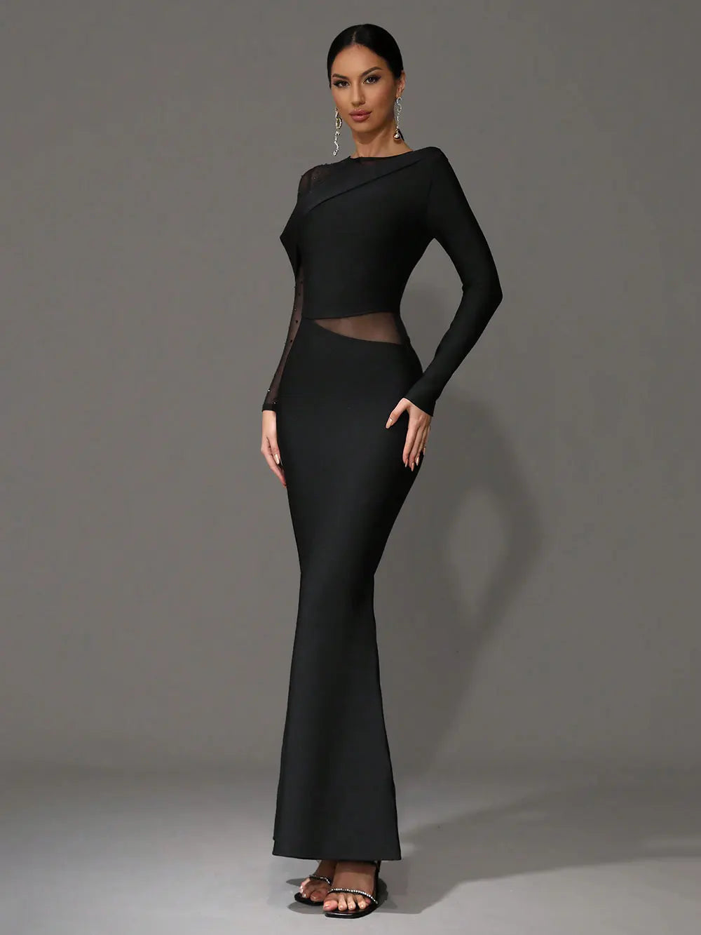 2025 Elegant Women 3D Hot Diamond Mesh Patchwork Bandage Dress O-Neck Long Sleeve Bodycon Black Long Dress Evening Party Vestido