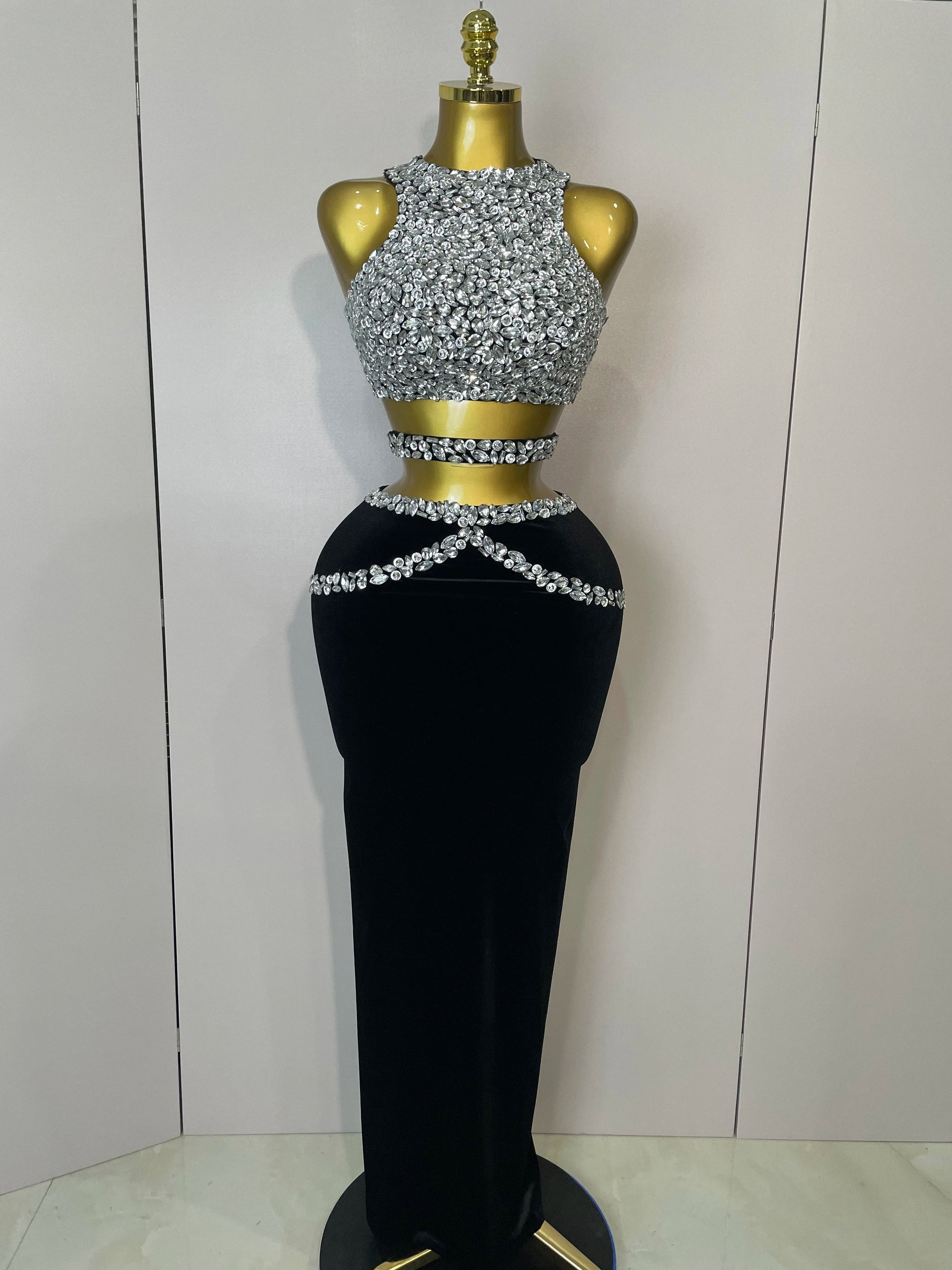 Women Sparkly Rhinestone Two-piece Set Sexy Velvet Singer Nightclub Outfit Celebrate Birthday Elegant Party Dresses black