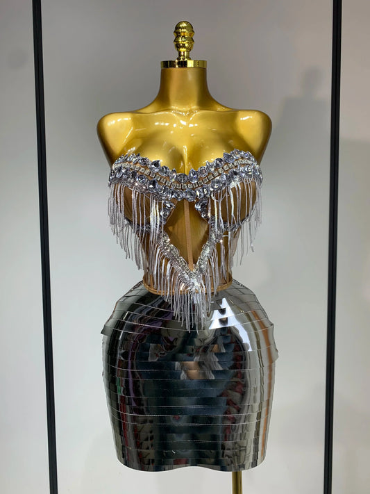 Sparkly Sliver Rhinstones tassels Top Skirt Two Piece Set Women Sexy Strapless Nightclub Birthday Evening Party Stage Outfit Silver