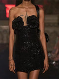 2024 Women 3D Flower Design Shiny Glitter Sexy Dress Strapless Sleeveless Bodycon Bareback Mini Dress Evening Club Party Vestido black