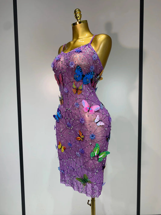 Sparkly Women Sexy Mesh See Through Dress New Arrival Butterfly Purple Celebrity Luxury Birthday Nightclub Stage Outfit