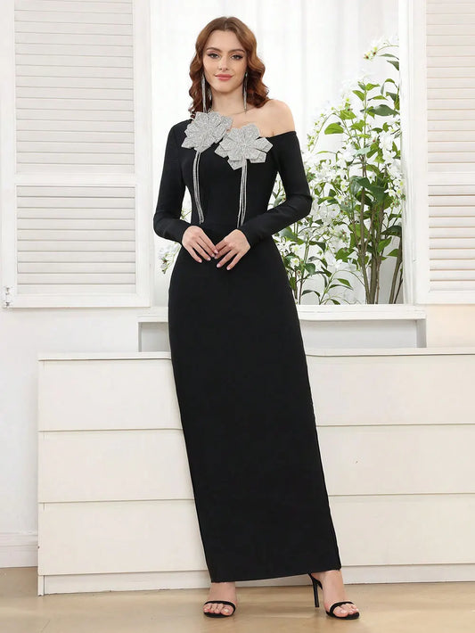 2025 Women's Light Luxury Water Diamond Flower Design Bandage Dress with Diagonal Collar Long Sleeve Bodycon Black Long Dresses