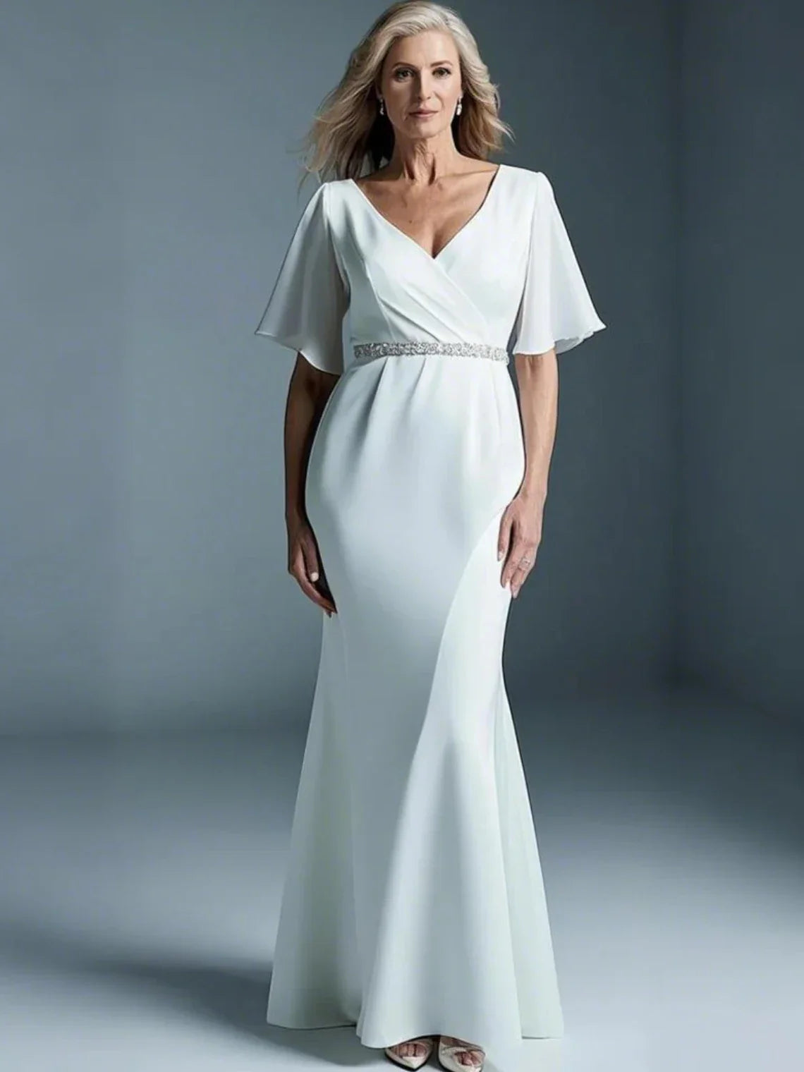 Mother Of The Bride Dress - Elegant Sheath Mother of the Bride Dress Floor Length Chiffon Half Sleeve Solid Color Wedding Guest Dress 2025 Free Customized lvory