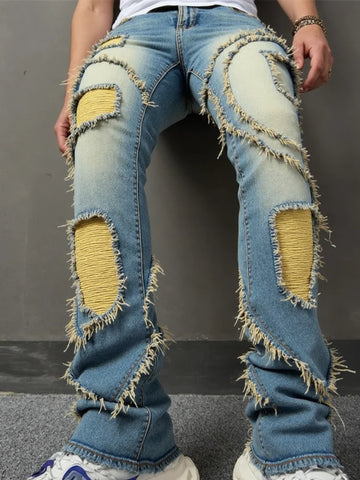 Hole Distressed Tassel Stretch Jeans Men Vintage High Waist Button Pockets Slightly Flared Denim Pants New Fashion Retro Clothes