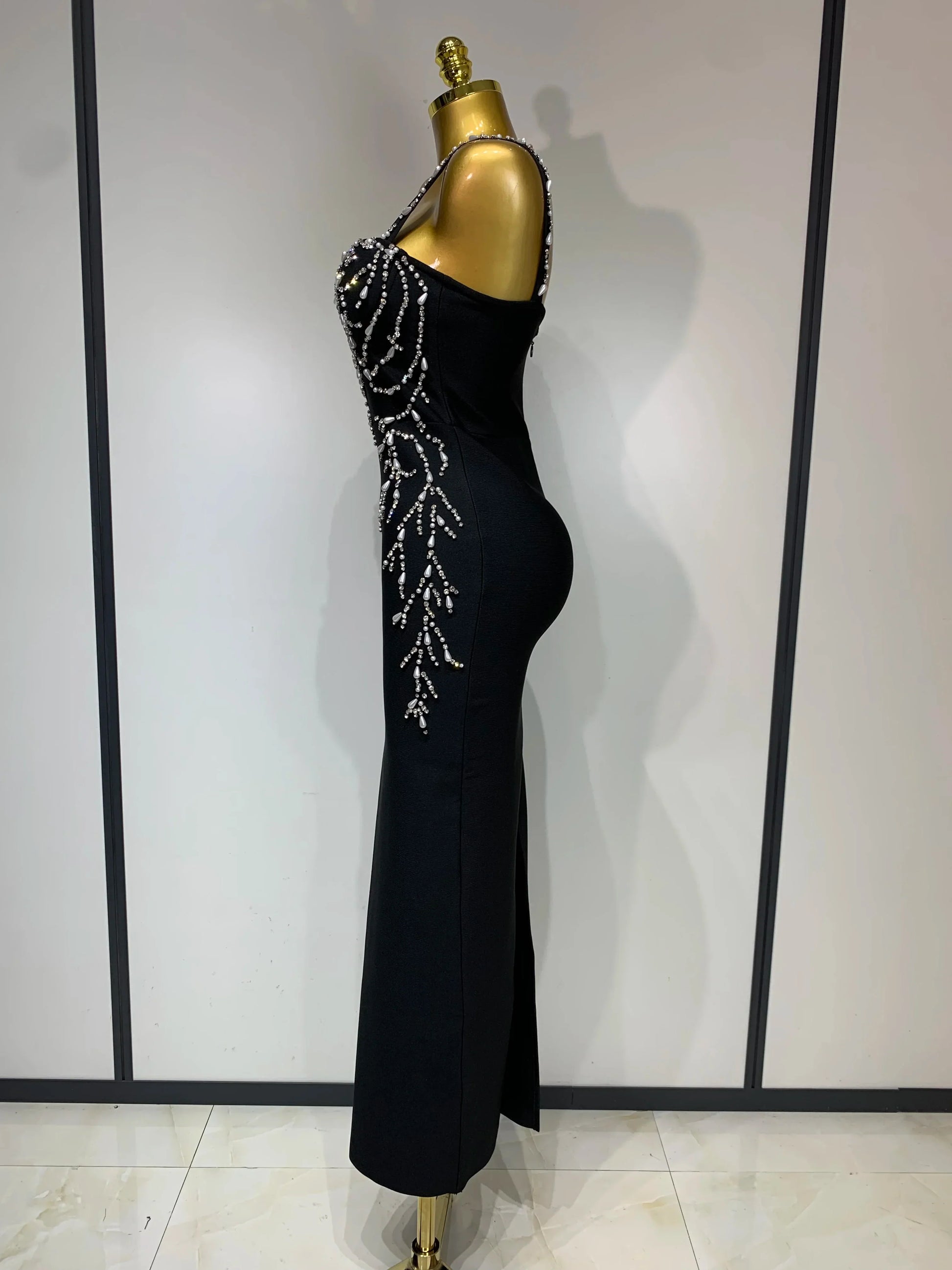 Women Sexy V Neck Black Beading Maxi Long Bodycon Bandage Dress Celebrity Elegant Evening Club Party Luxury Birthday Dress