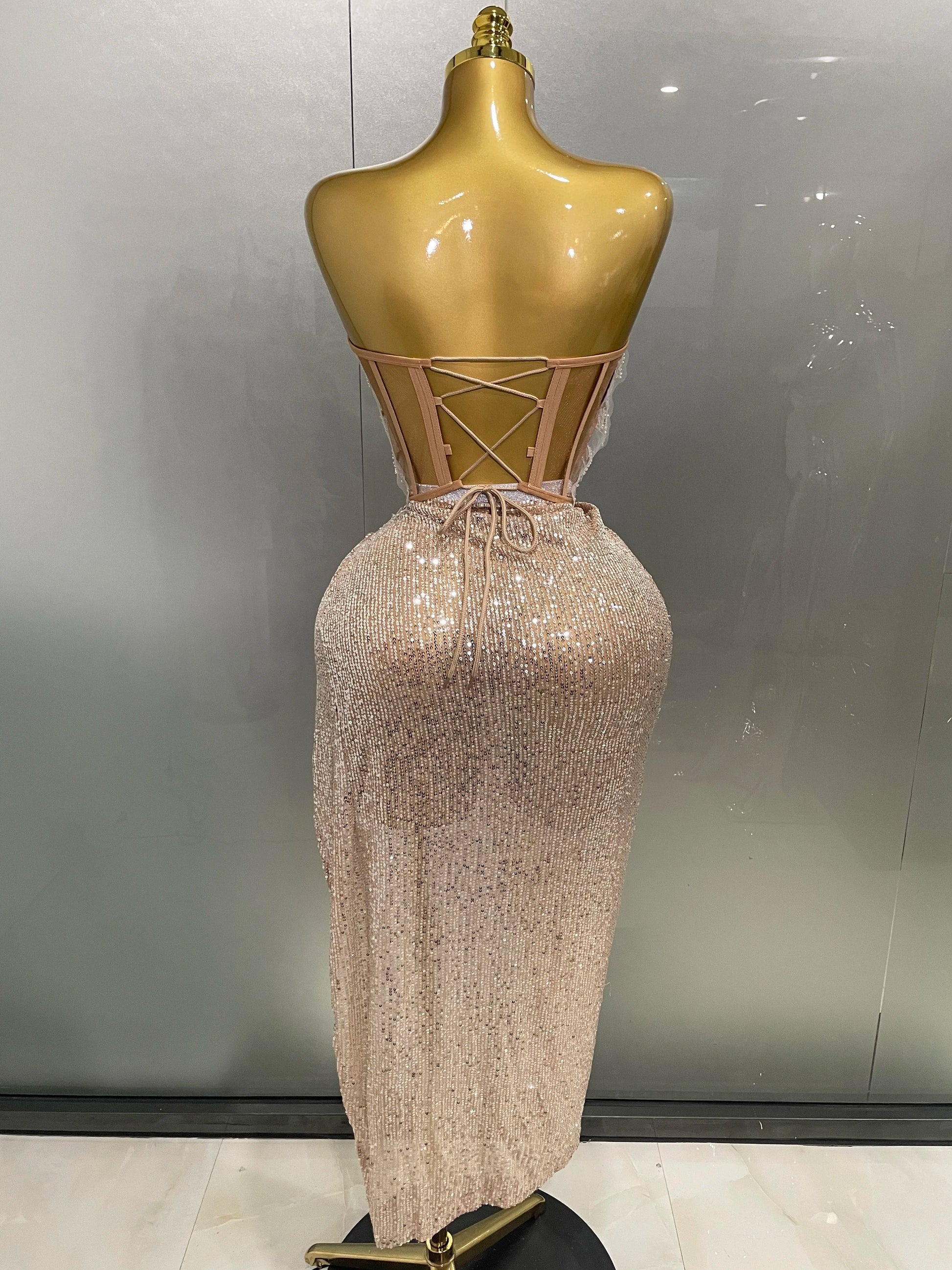 Women Sparkle Rhinestone Sequins Two Pieces Evening Party Dress Celebrate Festival Dancer Bar Nightclub Ds Dj Stage Wear