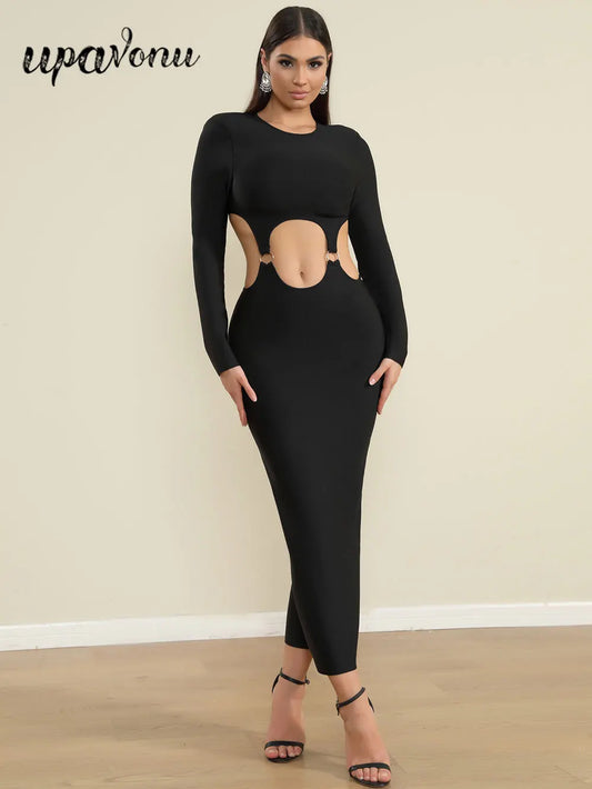 Spring Women's Open Waist Design Black Bandage Dresses O-Neck Long Sleeve Bodycon Long Dress Evening Club Party Vestidos
