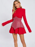 New Arrival Black Red Women Long Sleeve Shinning Rhinestones A-Line Mini Dress Christmas Nightclub Party Celebrate Dress