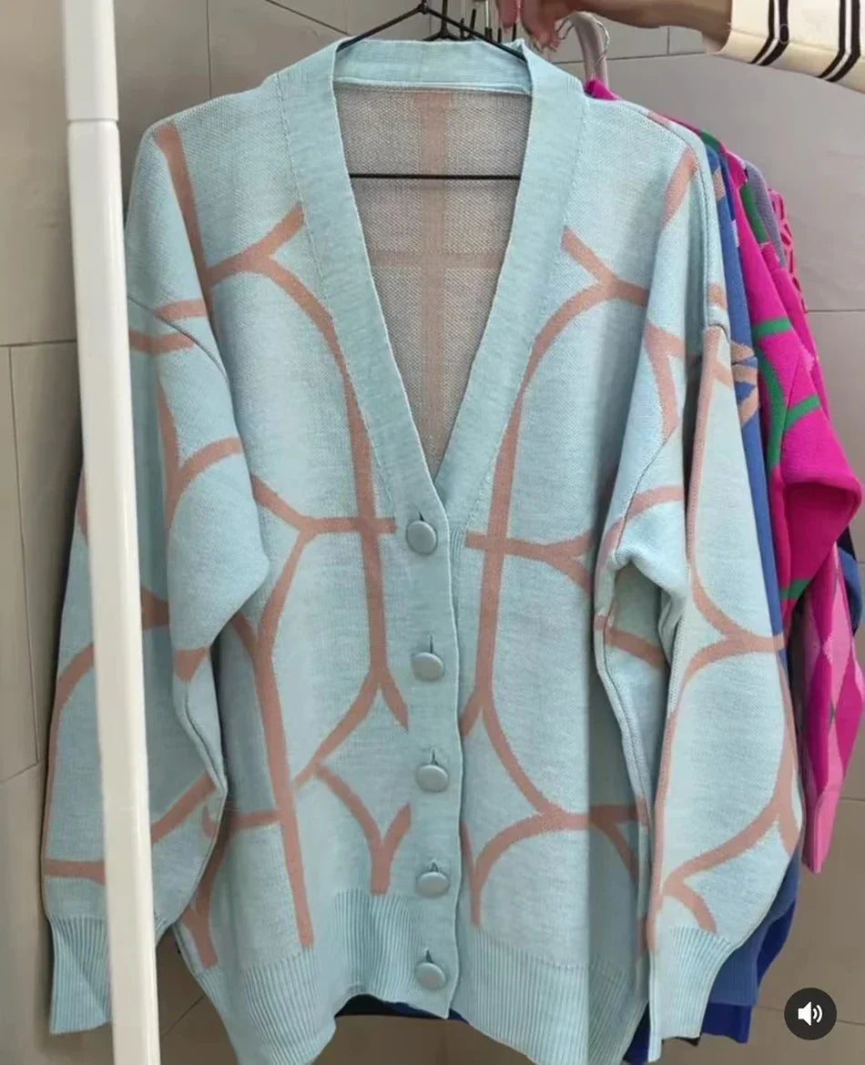 Women's Casual Oversized Cardigan Knitted 2023 Fall V-neck Lantern Long Sleeve Single-breasted Printed Knit