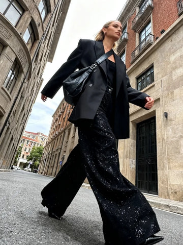 Women's Pants Autumn 2025 Glitter Sequined High Waist Wide Leg Trousers Female Sparkly Button Partywear Fashion Lady Streetwear