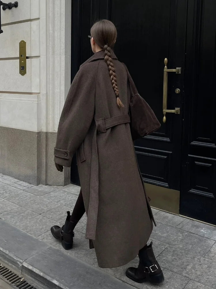 Vintage Solid Slim Women Woolen Long Overcoat Stand Collar Full Sleeve Single Breasted Coats New Fashion Autumn Winter Outerwear