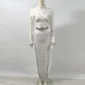 Women'S Black And White Beaded Short Top+Long Skirt Bandage Two-Piece Set Elegant Evening Party Female Outfit New WHITE