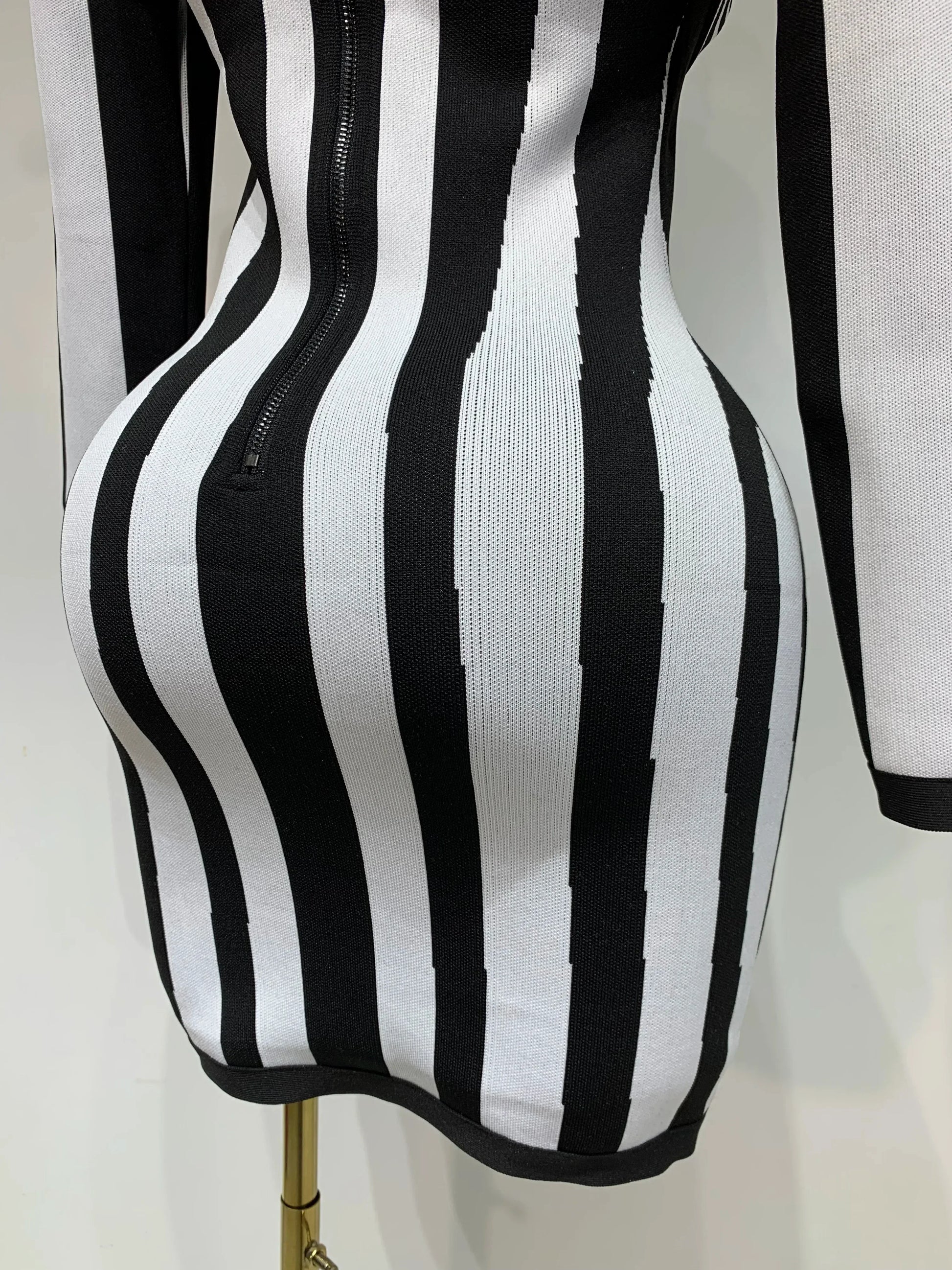 WomenLuxury Sexy Long Sleeve Stripe Black White Mini Bandage Dress Knitted Celebrity Elegant Evening Club Birthday Dresses