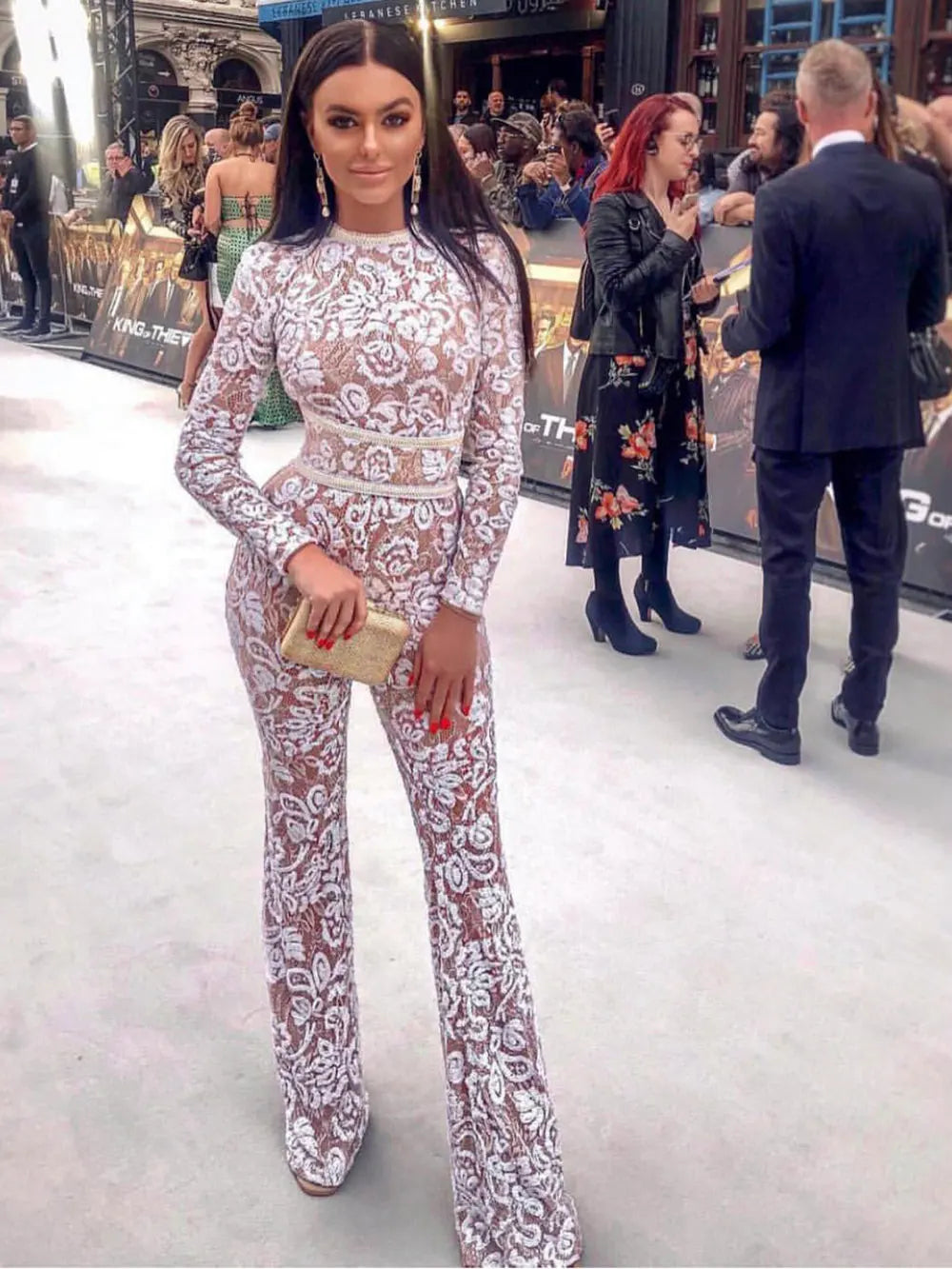 Women'S Light Luxury Sequin Patchwork Bandage Jumpsuit O-Neck Long Sleeved Waistband Flared Jumpsuit Pants Party Jumpsuit