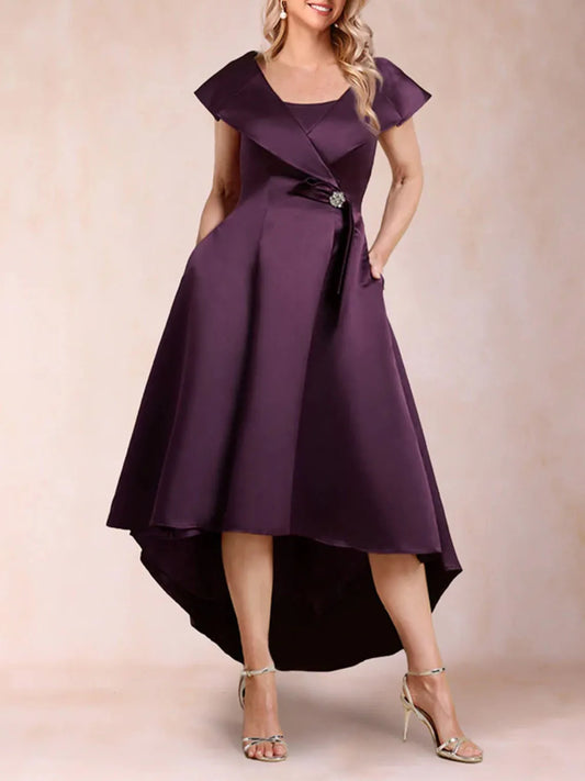Mother Of The Bride Dress - Elegant A-Line Wedding Guest Dress Square Neck Satin Asymmetrical Hemline Mother of the Bride Evening Dress 2025 Free Customized Grape