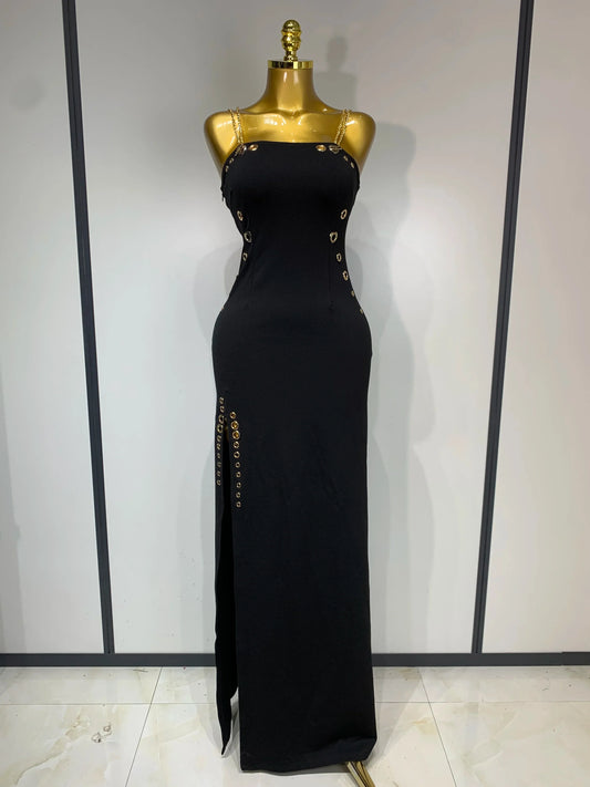 Women Sexy Sleeveless Square Colalr Chain Bodycon Maxi Long Dress Elegant Evening Party Fashion Celebrate Birthday Dress black