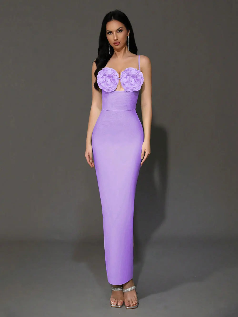 2024 Sexy Women'S Light Luxury Flower Design Bandage Dress Spaghetti Strap Sleeveless Bodycon Backless Long Dresses Vestidos PURPLE