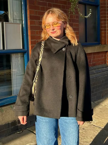 Street Solid Loose Women's Woolen Coat Stand Collar Full Sleeve Slant Opening Single Breasted Jackets New Chic Ladies Streetwear