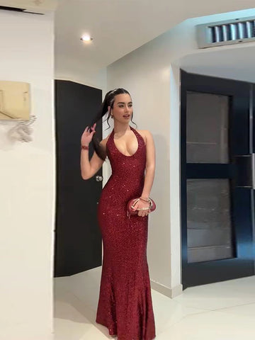 Women's Evening Dresses Halter Sequined Long Dress Shining Female Sleeveless Waist Cinching Party Vestido Sexy Ladies Partywear