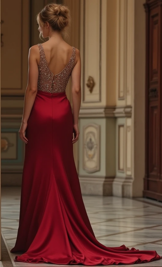  Luxury satin evening dress featuring an open-back sequined bodice, fitted silhouette, and long flowing train – a statement dress for gala occasions. | فستان سهرة فاخر مكشوف الظهر مع تفاصيل براقة وقصة أنيقة وذيل طويل | Vestido de gala rojo con espalda descubierta, lentejuelas y falda fluida – un look sofisticado y glamuroso. | Robe de soirée rouge en satin avec dos nu et traîne fluide – idéale pour une soirée prestigieuse.