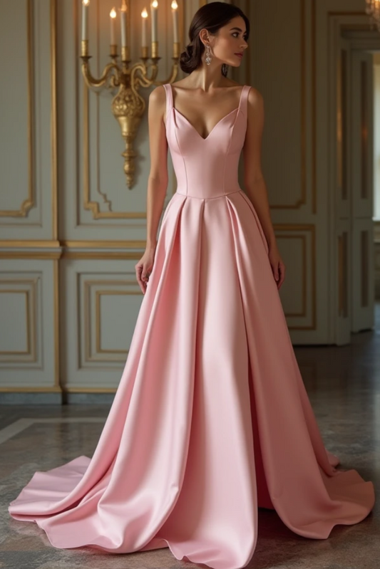 A stunning blush pink satin evening gown featuring a deep V-neckline, wide straps, and an A-line silhouette with a flowing train – perfect for gala events and weddings.
فستان سهرة وردي ساتان مذهل يتميز بياقة عميقة على شكل V، وأشرطة عريضة، وقصة A-Line رائعة مع ذيل طويل منساب – مثالي للحفلات الفاخرة وحفلات الزفاف.
Un impresionante vestido de noche rosa satinado con escote en V profundo, tirantes anchos y una silueta A-Line fluida con una cola elegante – perfecto para galas y bodas.