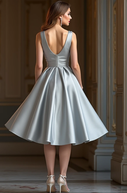 Elegant silver satin gown featuring a deep V-back, pleated bodice, and a flowing high-low skirt – an exquisite choice for modern elegance.
فستان سهرة فضي أنيق مع ظهر منخفض بشكل V، وكورسيه مزين بالطيات، وتنورة A-Line منسدلة – اختيار مثالي للأناقة العصرية.
Vestido de noche plateado elegante con espalda en V profunda, corpiño fruncido y falda fluida asimétrica – una elección exquisita para la elegancia moderna.