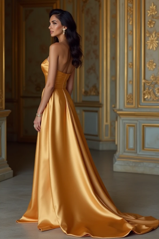 Luxury golden satin evening dress featuring a strapless structured fit, dramatic A-line skirt, and a flowing train – an exquisite fashion statement for gala events. | فستان سهرة ملكي بلون ذهبي مكشوف الأكتاف مع ذيل طويل وقصة أنيقة | Vestido de noche sin tirantes con espalda descubierta y falda amplia – un look sofisticado y glamuroso. | Robe de gala en satin doré avec dos nu et traîne fluide – idéale pour une soirée prestigieuse.