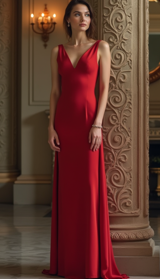 A stunning red satin evening gown featuring a deep V-neckline, a sleek silhouette, and a flowing floor-length train—perfect for gala nights and special occasions.
فستان سهرة فاخر من الساتان الأحمر يتميز بياقة V عميقة، وتصميم ضيق أنيق، وذيل طويل مذهل – مثالي للحفلات والمناسبات الفاخرة.
Vestido de noche rojo de satén con escote en V profundo, silueta ceñida y cola larga fluida—ideal para galas y eventos especiales.