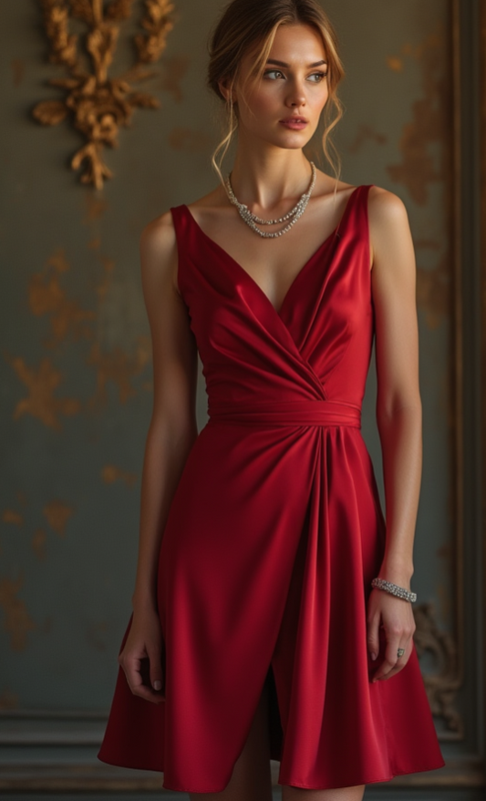 A chic red satin cocktail dress featuring a deep V-neckline, ruched waist, and A-line knee-length silhouette—perfect for elegant evenings and formal events.
فستان كوكتيل أحمر أنيق من الساتان بياقة V عميقة، خصر محدد، وتصميم A-Line بطول الركبة – مثالي للسهرات الفاخرة والمناسبات الرسمية.
Vestido de cóctel rojo de satén con escote en V profundo, cintura fruncida y silueta A-line hasta la rodilla—ideal para noches elegantes y eventos formales.