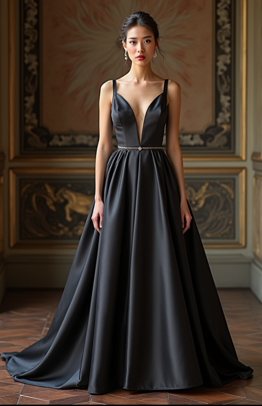 A breathtaking black satin ball gown with a deep V-neckline, structured bodice, delicate belt detail, and a voluminous A-line skirt – ideal for elegant formal events.
فستان ملكي من الساتان الأسود بياقة V عميقة، وكورسيه مشدود، وحزام ناعم، وتنورة واسعة – مثالي للحفلات الفاخرة.
Vestido de gala negro de satén con escote profundo en V, corsé estructurado, detalle de cinturón delicado y falda en A-line voluminosa – ideal para eventos elegantes.