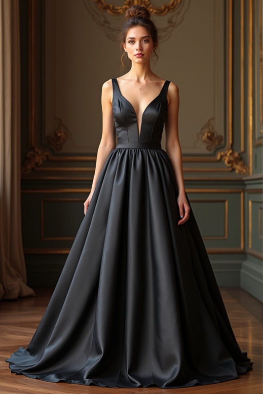 A striking black satin ball gown with a deep V-neckline, structured bodice, and flowing full-length A-line skirt – ideal for high-fashion evening wear.
فستان سهرة أسود ساتان مع ياقة V عميقة، وكورسيه مشدود، وتنورة منفوشة بطول الأرض – مثالي للمناسبات الفاخرة.
Vestido de gala negro de satén con escote en V profundo, corsé estructurado y falda larga fluida en A-line – ideal para eventos de alta moda.