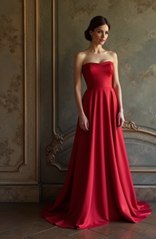 A breathtaking red satin evening gown featuring a strapless sweetheart neckline, flowing A-line silhouette, and an elegant floor-length skirt – ideal for formal occasions.
فستان سهرة أحمر ساحر من الساتان مع ياقة حبيبية بدون أكمام، وتنورة A-Line انسيابية تصل إلى الأرض – مثالي للمناسبات الرسمية.
Un impresionante vestido de noche rojo de satén con escote palabra de honor, silueta fluida en A-Line y falda larga – perfecto para ocasiones formales.