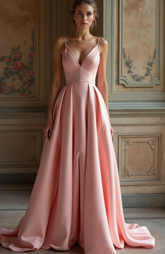 Elegant blush pink satin evening gown with a deep V-neckline, fitted bodice, pleated A-line skirt, and spaghetti straps – a romantic choice for formal events. | فستان سهرة ساتان وردي ناعم بياقة عميقة وقصة انسيابية ملكية لمظهر أنثوي ساحر | Vestido de gala rosa de satén con escote en V profundo, tirantes finos y falda plisada – ideal para bodas y eventos elegantes. | Robe de soirée rose en satin avec décolleté plongeant et jupe évasée – parfaite pour une allure sophistiquée et romantique.