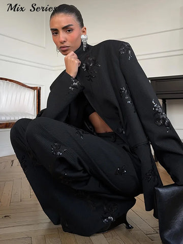 Chic Sequin Blazer Set Women's Lapel Stripe Full Sleeve Single Breasted Coats Wide-leg Pants 2026 Spring Lady Elegant Two Piece