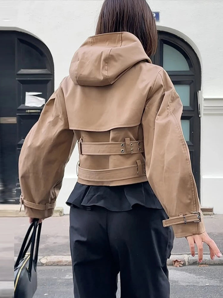 Street Solid Slim Women's Short Jacket Hooded Long Sleeve Double Breasted Two Sashes Bomber Coats New Early Autumn Cool Girl Top