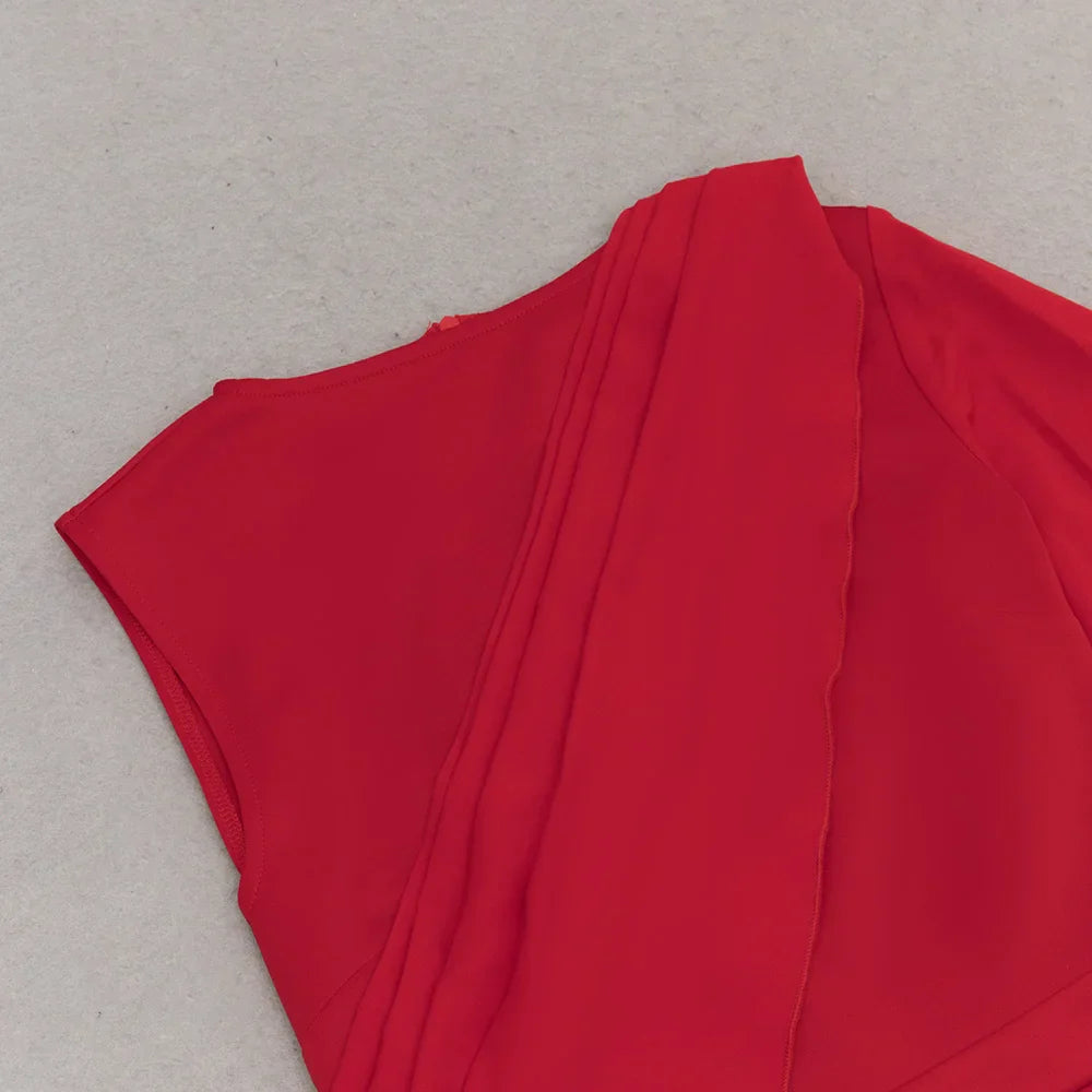 2024 Chic and Elegant Women's Red Dress O-neck Single Shoulder Oversized Trumpet Sleeve Bodycon Long Dress Evening Party Vestido