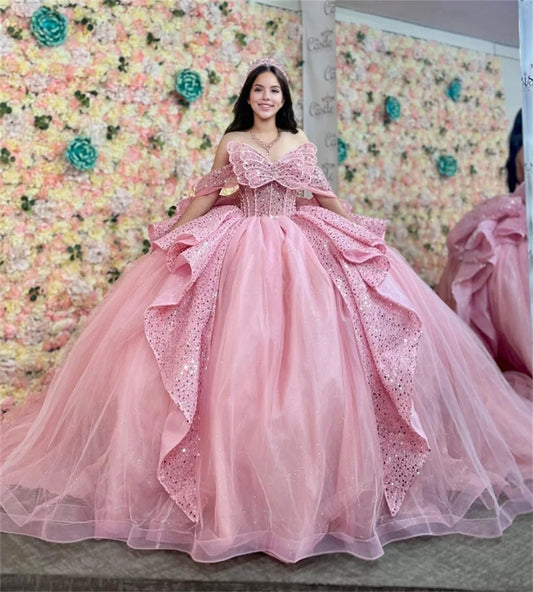 Gorgeous Pink Quinceanera Dresses Charro Sequin Princess Puffy Vestidos De 15 Años Quinceañera Birthday Pageant Gown Customized